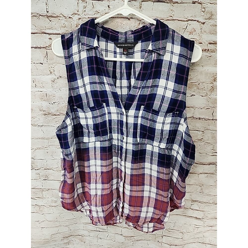 Rock & Republic Women's Flannel Top Sleeveless Button Up Pockets Size XL